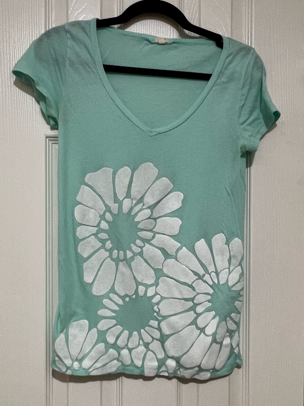 J. Crew Mint Green V-Neck Tee with White Floral Print